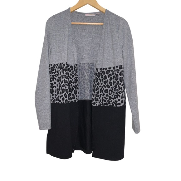 Belle by Kim Gravel Sweaters - Belle by Kim Gravel Leopard‎ Print Colorblock Cardigan Womens XXS Gray Black